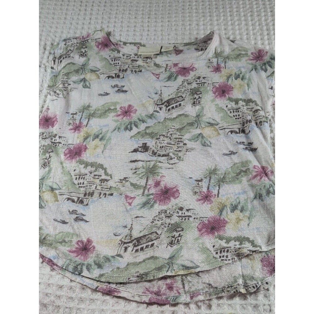 Cynthia Rowley 100% Linen Light Cream Tee with Pink & Green Floral Scene Size L